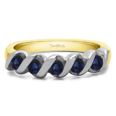 0.5 Carat Sapphire Five Stone Twirl Set Wedding Ring in Two Tone Gold