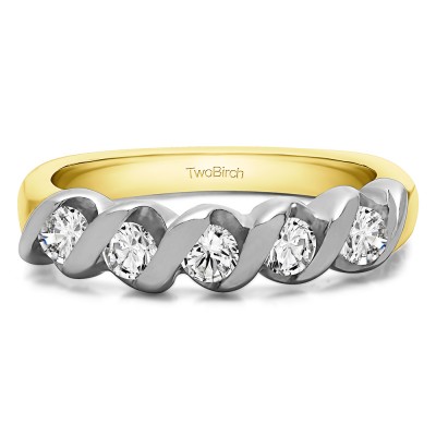 0.75 Carat Five Stone Twirl Set Wedding Ring in Two Tone Gold