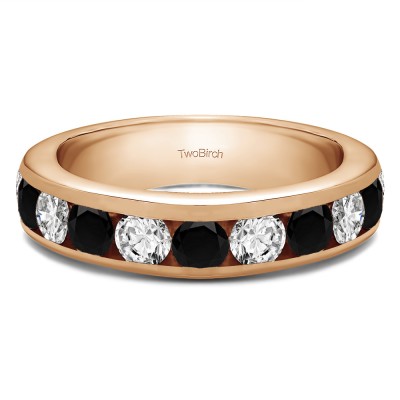 0.75 Carat Black and White 10 Stone Channel Set Wedding Ring in Rose Gold