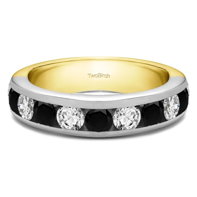 0.75 Carat Black and White 10 Stone Channel Set Wedding Ring in Two Tone Gold