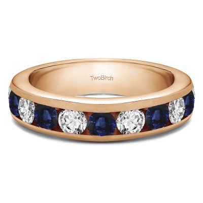 1.5 Carat Sapphire and Diamond 10 Stone Channel Set Wedding Ring in Rose Gold