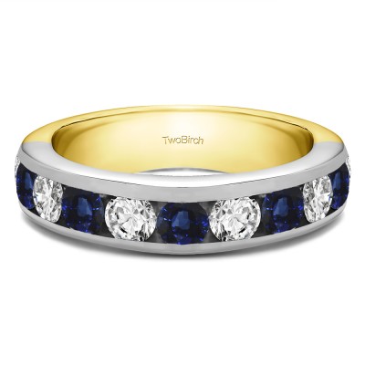 0.25 Carat Sapphire and Diamond 10 Stone Channel Set Wedding Ring in Two Tone Gold