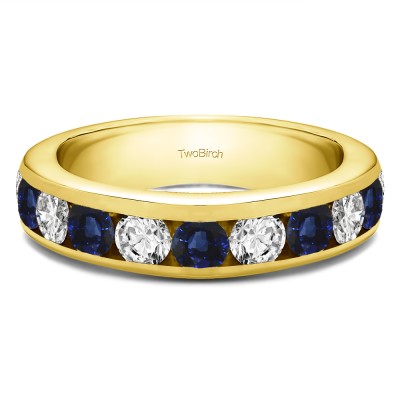 0.5 Carat Sapphire and Diamond 10 Stone Channel Set Wedding Ring in Yellow Gold