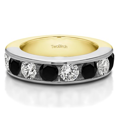 1.5 Carat Black and White 10 Stone Open Ended Channel Set Wedding Ring  in Two Tone Gold