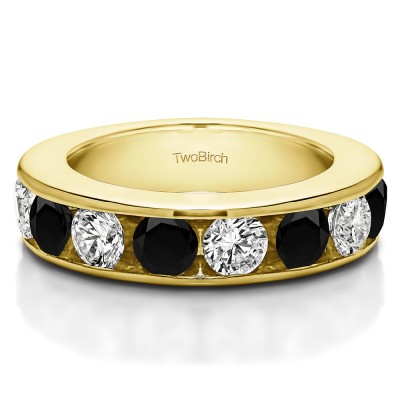1 Carat Black and White 10 Stone Open Ended Channel Set Wedding Ring  in Yellow Gold