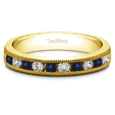 0.5 Carat Sapphire and Diamond 10 Stone Open Ended Channel Set Wedding Ring  in Yellow Gold