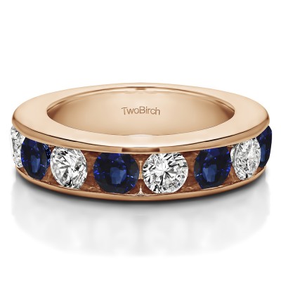 1.5 Carat Sapphire and Diamond 10 Stone Open Ended Channel Set Wedding Ring  in Rose Gold