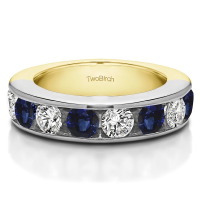 0.75 Carat Sapphire and Diamond 10 Stone Open Ended Channel Set Wedding Ring  in Two Tone Gold