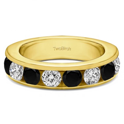 2 Carat Black and White Eight Stone Open Ended Channel Set Wedding Ring  in Yellow Gold