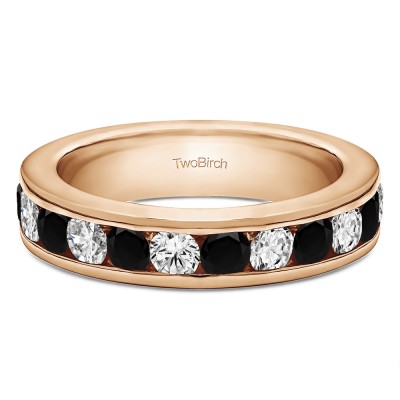 0.75 Carat Black and White Twelve Stone Channel Set Straight Wedding Ring  in Rose Gold