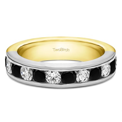1 Carat Black and White Twelve Stone Channel Set Straight Wedding Ring  in Two Tone Gold