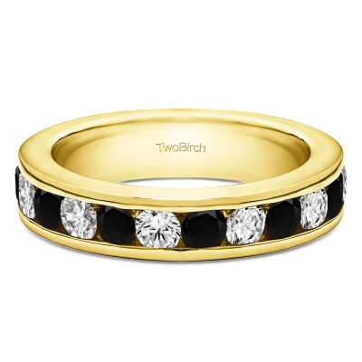 0.75 Carat Black and White Twelve Stone Channel Set Straight Wedding Ring  in Yellow Gold