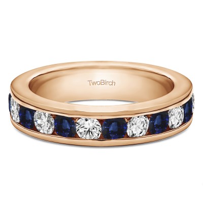 1 Carat Sapphire and Diamond Twelve Stone Channel Set Straight Wedding Ring  in Rose Gold