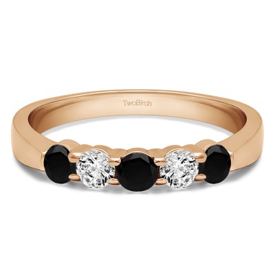 0.5 Carat Black and White Five Stone Shared Prong Pinched Shank Wedding Band  in Rose Gold
