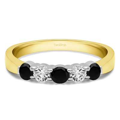 0.5 Carat Black and White Five Stone Shared Prong Pinched Shank Wedding Band  in Two Tone Gold