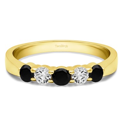 1 Carat Black and White Five Stone Shared Prong Pinched Shank Wedding Band  in Yellow Gold
