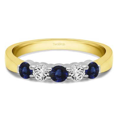 0.25 Carat Sapphire and Diamond Five Stone Shared Prong Pinched Shank Wedding Band  in Two Tone Gold