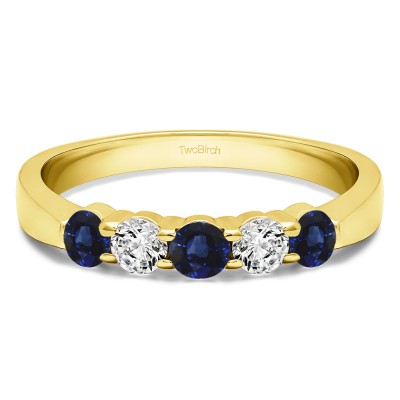 0.25 Carat Sapphire and Diamond Five Stone Shared Prong Pinched Shank Wedding Band  in Yellow Gold