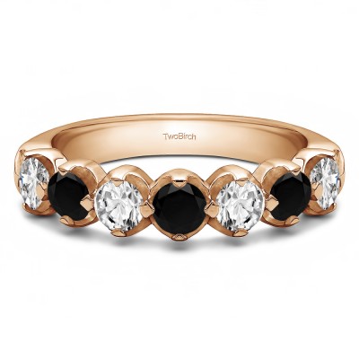 0.98 Carat Black and White Seven Stone Common Prong U Set Wedding Ring  in Rose Gold
