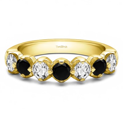0.49 Carat Black and White Seven Stone Common Prong U Set Wedding Ring  in Yellow Gold