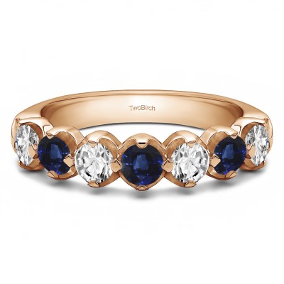 0.7 Carat Sapphire and Diamond Seven Stone Common Prong U Set Wedding Ring  in Rose Gold