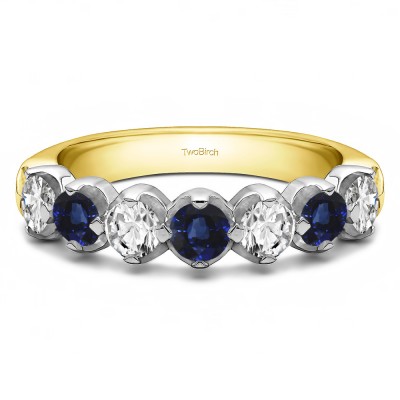 0.7 Carat Sapphire and Diamond Seven Stone Common Prong U Set Wedding Ring  in Two Tone Gold