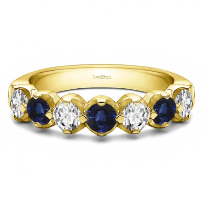 0.49 Carat Sapphire and Diamond Seven Stone Common Prong U Set Wedding Ring  in Yellow Gold