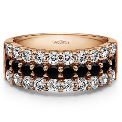 1.5 Carat Black and White Three Row Double Shared Prong Anniversary Band  in Rose Gold