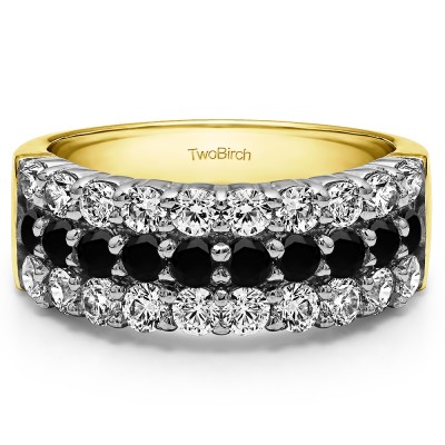 1.5 Carat Black and White Three Row Double Shared Prong Anniversary Band  in Two Tone Gold