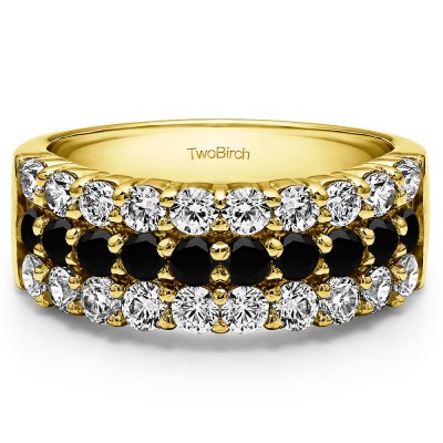 1.5 Carat Black and White Three Row Double Shared Prong Anniversary Band  in Yellow Gold