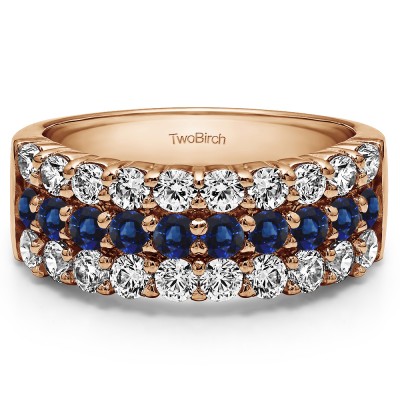 1.5 Carat Sapphire and Diamond Three Row Double Shared Prong Anniversary Band  in Rose Gold