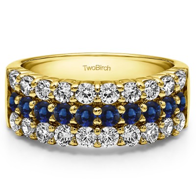 1.5 Carat Sapphire and Diamond Three Row Double Shared Prong Anniversary Band  in Yellow Gold