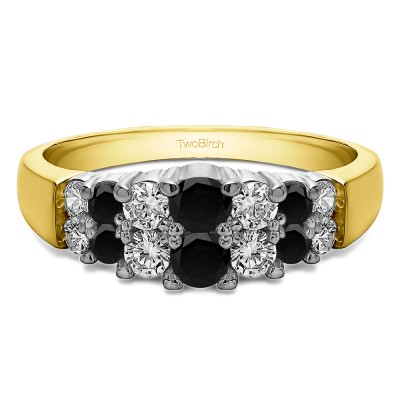 1 Carat Black and White Double Row Shared Prong Step Cut Wedding Ring  in Two Tone Gold