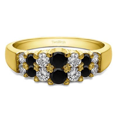 1 Carat Black and White Double Row Shared Prong Step Cut Wedding Ring  in Yellow Gold