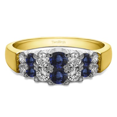1 Carat Sapphire and Diamond Double Row Shared Prong Step Cut Wedding Ring  in Two Tone Gold