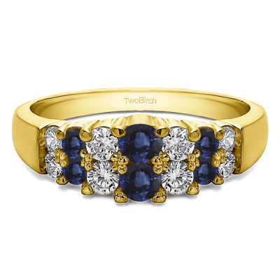 1 Carat Sapphire and Diamond Double Row Shared Prong Step Cut Wedding Ring  in Yellow Gold