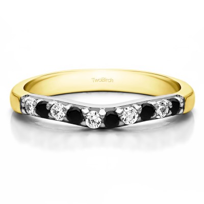 0.25 Ct. Black and White Ten Stone Curved Prong Set Wedding Ring in Two Tone Gold