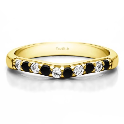 0.25 Ct. Black and White Ten Stone Curved Prong Set Wedding Ring in Yellow Gold