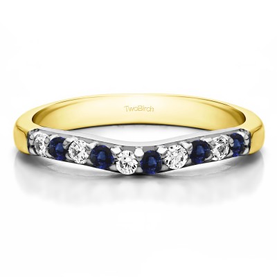 0.25 Ct. Sapphire and Diamond Ten Stone Curved Prong Set Wedding Ring in Two Tone Gold