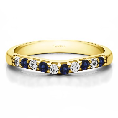 0.25 Ct. Sapphire and Diamond Ten Stone Curved Prong Set Wedding Ring in Yellow Gold