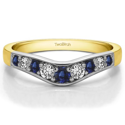 0.35 Ct. Sapphire and Diamond Nine Stone Graduated Prong in Channel Contour Wedding Ring in Two Tone Gold
