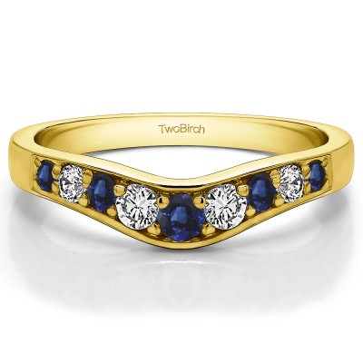 0.35 Ct. Sapphire and Diamond Nine Stone Graduated Prong in Channel Contour Wedding Ring in Yellow Gold