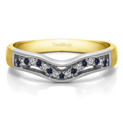 0.13 Ct. Sapphire and Diamond Round Prong Cut Out Twirl Contour Band in Two Tone Gold