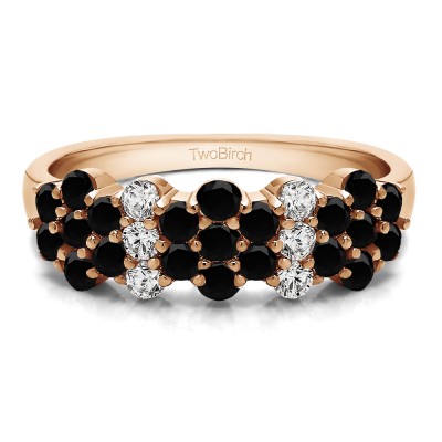 0.95 Carat Black and White Three Row Shared Prong Flower Shaped Anniversary Band  in Rose Gold