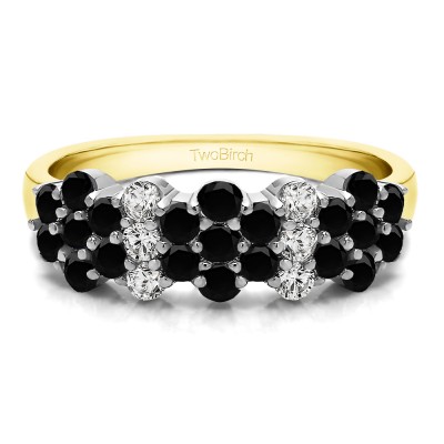 1.08 Carat Black and White Three Row Shared Prong Flower Shaped Anniversary Band  in Two Tone Gold