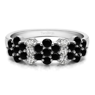 1.08 Carat Black and White Three Row Shared Prong Flower Shaped Anniversary Band