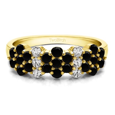 1.08 Carat Black and White Three Row Shared Prong Flower Shaped Anniversary Band  in Yellow Gold