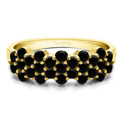 1.08 Carat Black Three Row Shared Prong Flower Shaped Anniversary Band  in Yellow Gold