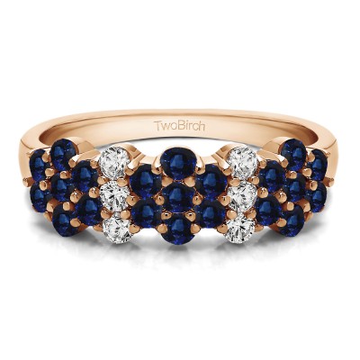 1.08 Carat Sapphire and Diamond Three Row Shared Prong Flower Shaped Anniversary Band  in Rose Gold