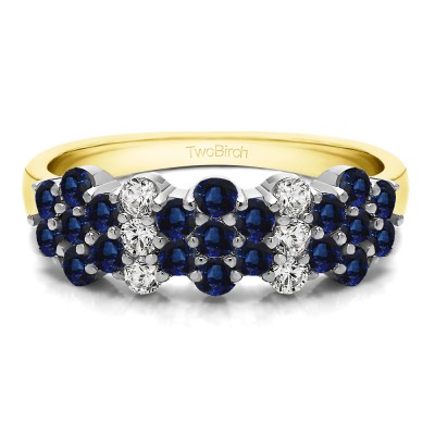 0.95 Carat Sapphire and Diamond Three Row Shared Prong Flower Shaped Anniversary Band  in Two Tone Gold